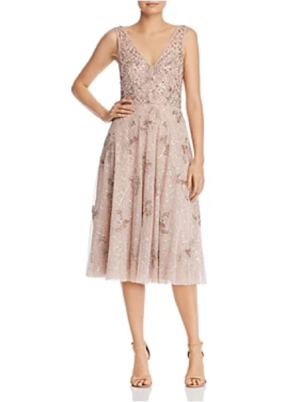 Aidan Mattox Blush Pink Sequin Embellished V-Neck Midi Dress